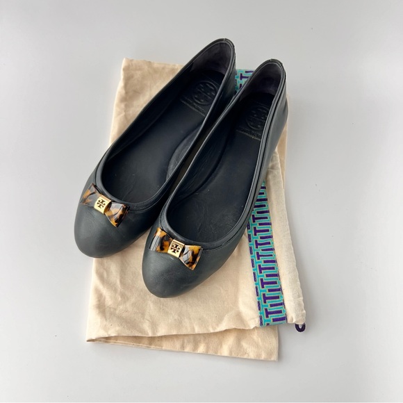 Tory Burch Sz 8 Preppy Ballet flats tortoise bow Jolene Tortuga Gold Reva navy - Picture 3 of 16